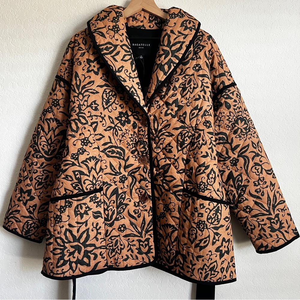BAGATELLE Quilted Jacket Button Tie Belt Floral Black Camel XL NWT - Picture 5 of 12